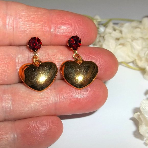 Fashion Jewelry Jewelry - Pre-owned Heart Earrings Gold & Faux Ruby Red Post Stud Dangle Drop Jewelry A209